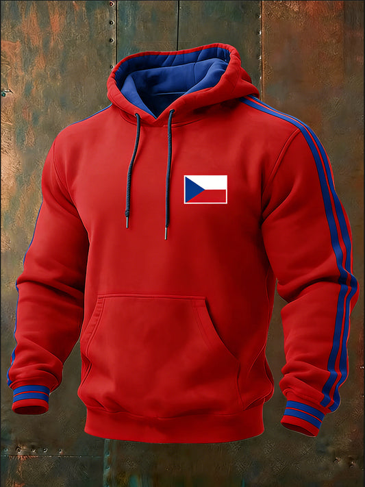 Men bold red czech flag stripe accent hoodie