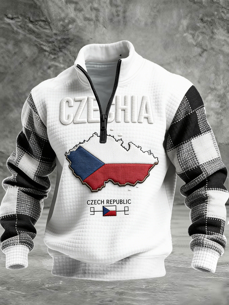 Pánská česká mapa patchwork print waffle weave sweatshirt