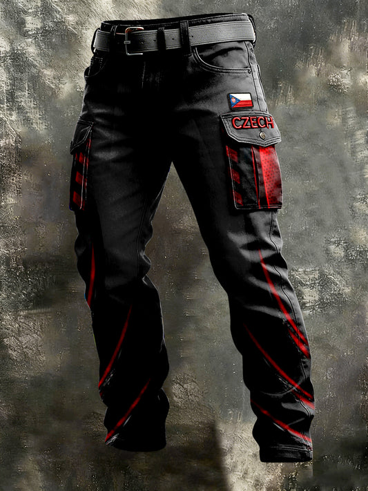 Pánské české vlajky tisk černé minimalistické pracovní kalhoty