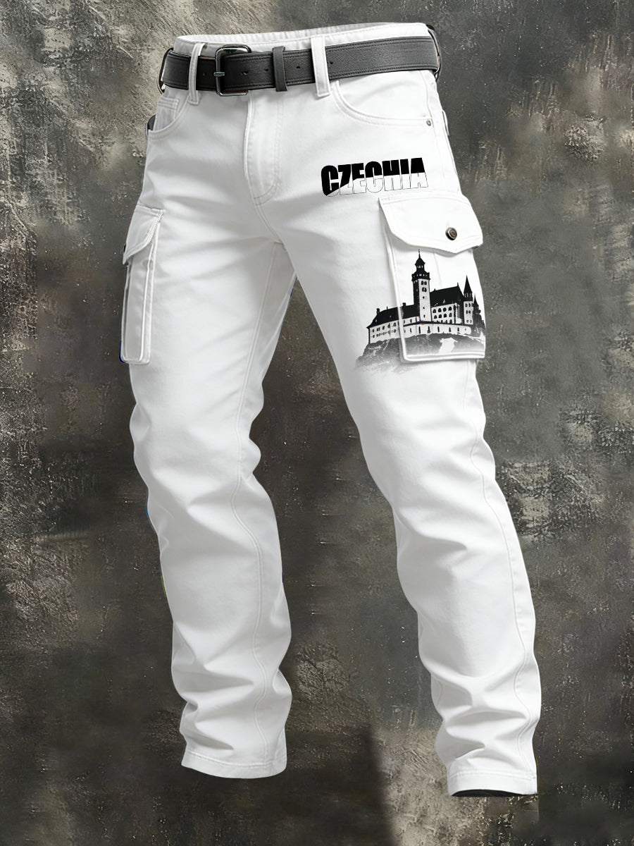 Pánské čisté bílé české hrad tisk nákladní kalhoty