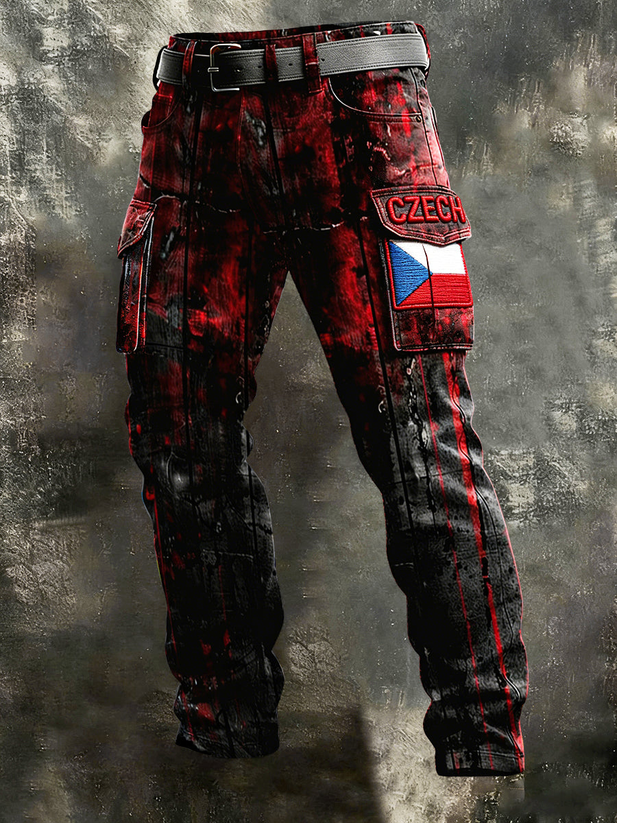 Pánské vintage česká vlajka tisk příležitostné pracovní kalhoty