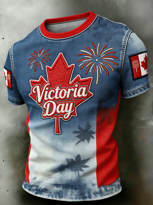 Retro Maple Leaf And Fireworks Print Casual T-Shirt