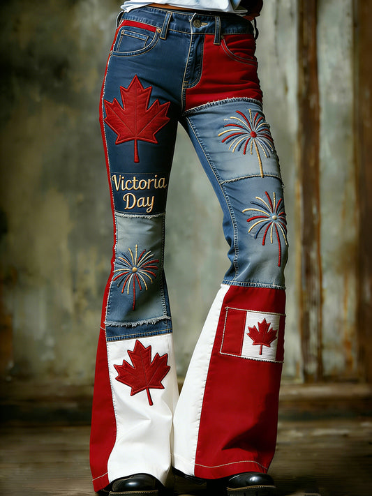 Women's Retro Maple Leaf Firework Print Casual Flare Jeans