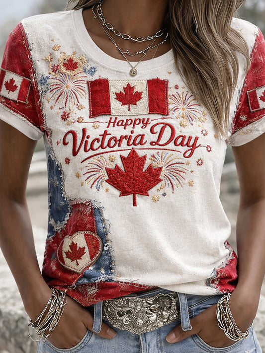 Retro Maple Leaf And Fireworks Print Casual T-Shirt