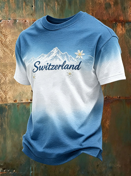 Herren-T-Shirt mit Alpenmotiv und Kunstprint im Farbschema der Schweizer Flagge