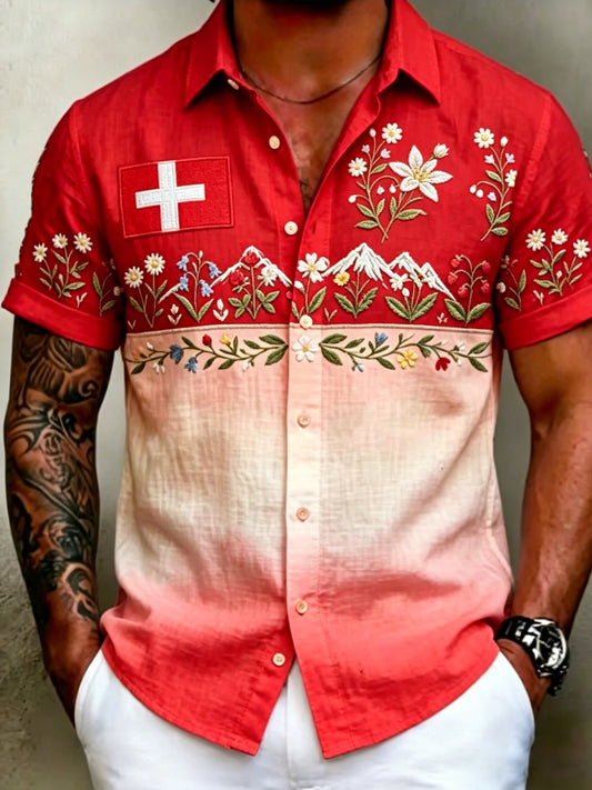 Herren-Shirt mit Schweizer Flaggen- und Alpenmotiv, kurze Ärmel, artistischer Print