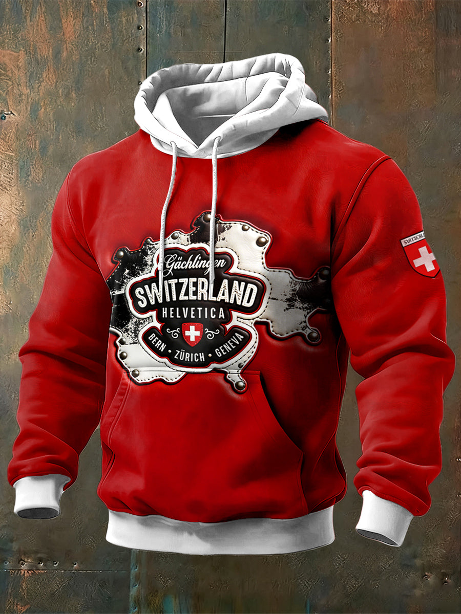 Herren Schweiz Karten druck Patchwork Kapuzen Sweatshirt