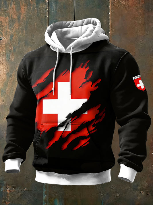 Herren-Sweatshirt mit Schweizer Flagge, schwarz