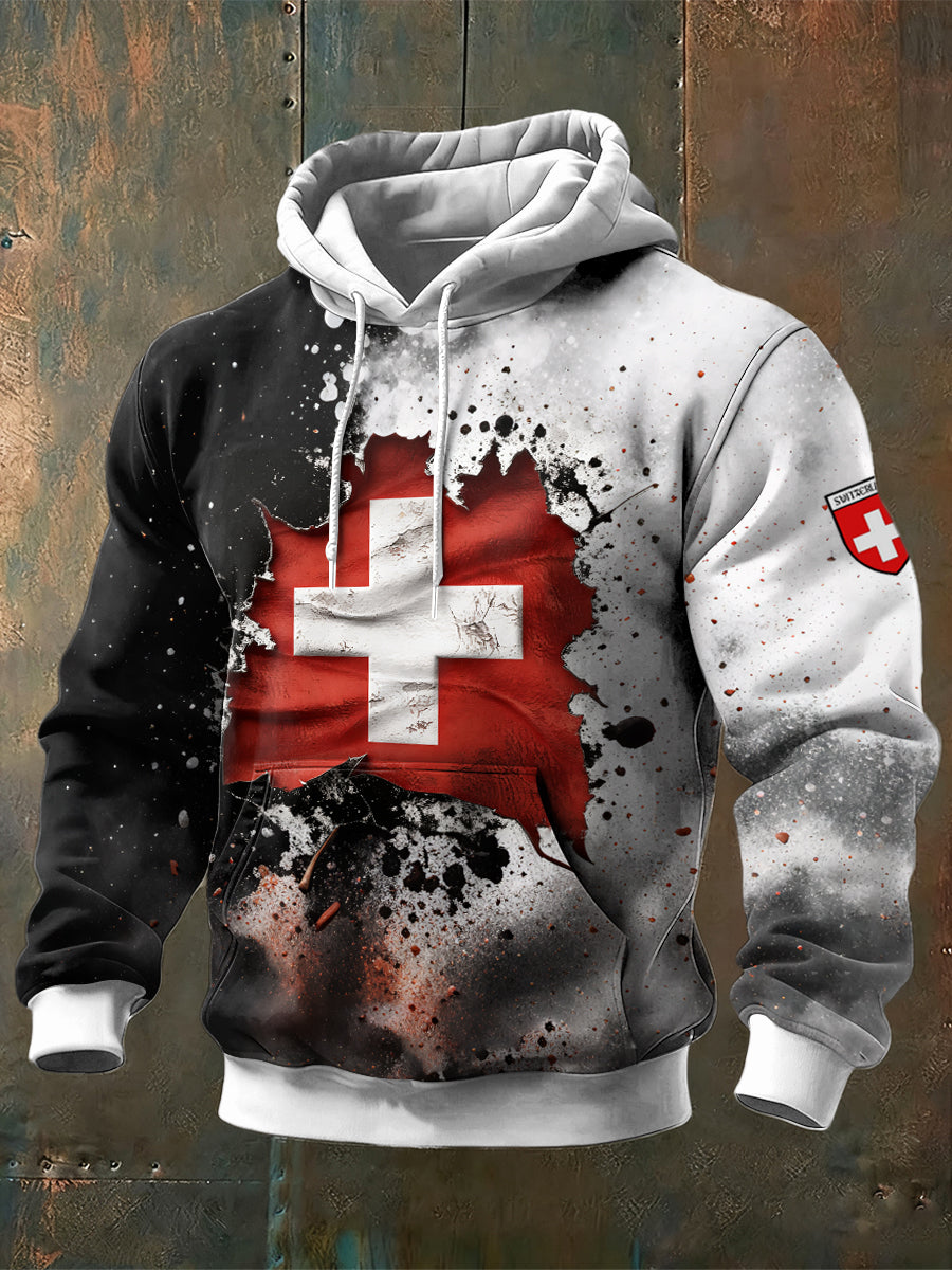 Herren-Sweatshirt mit Schweizer Flagge schwarz-weiß mit Kapuze