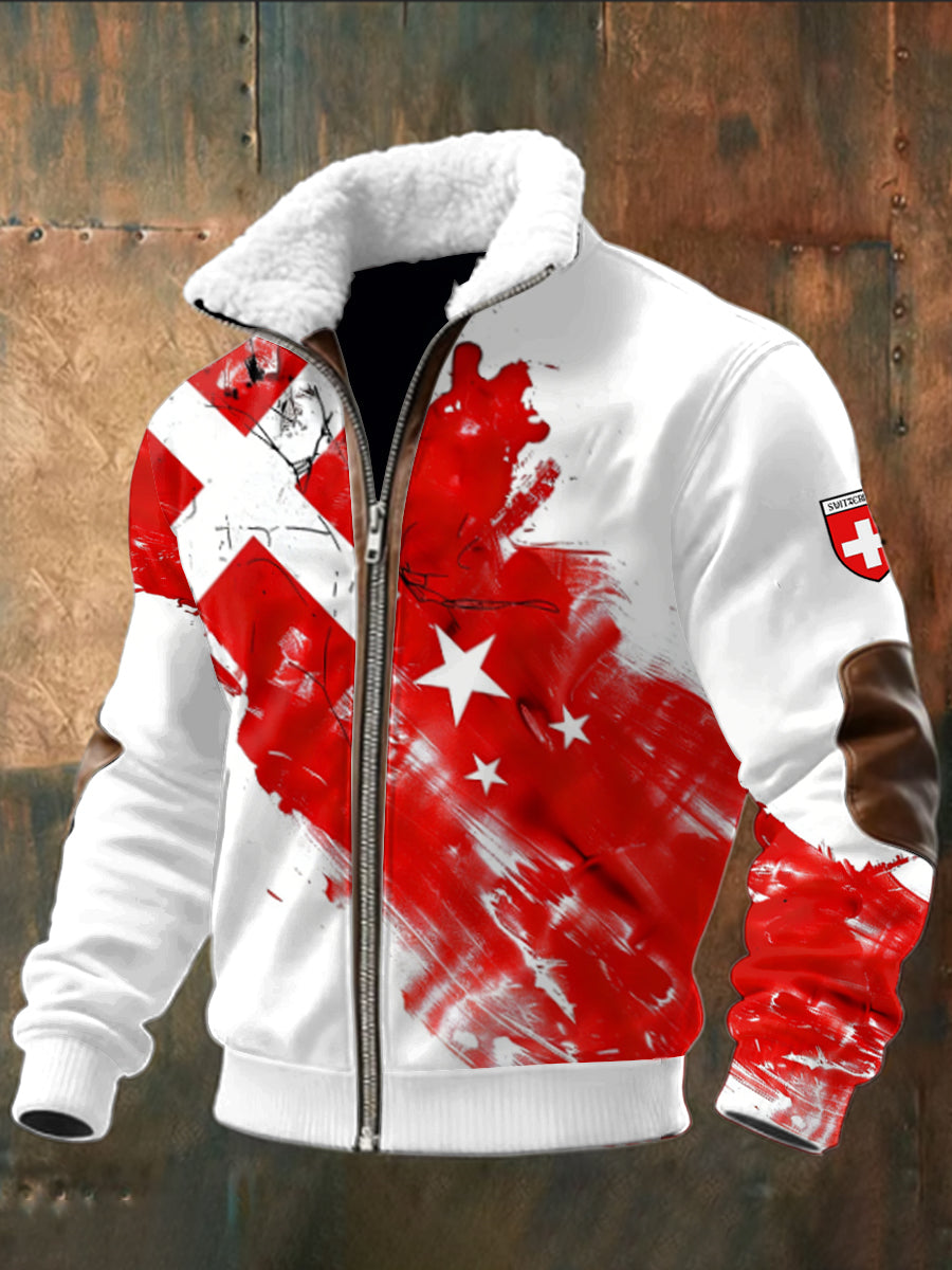 Herren Schweizer Flagge Print Patchwork Weiß Jacke