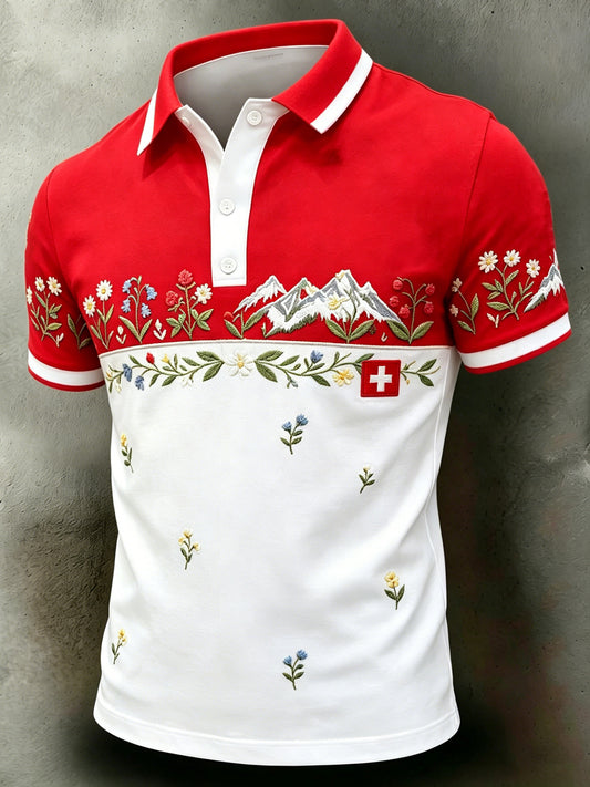 Männer Schweizer Alpen Kunstdruck Kurzarm Polo
