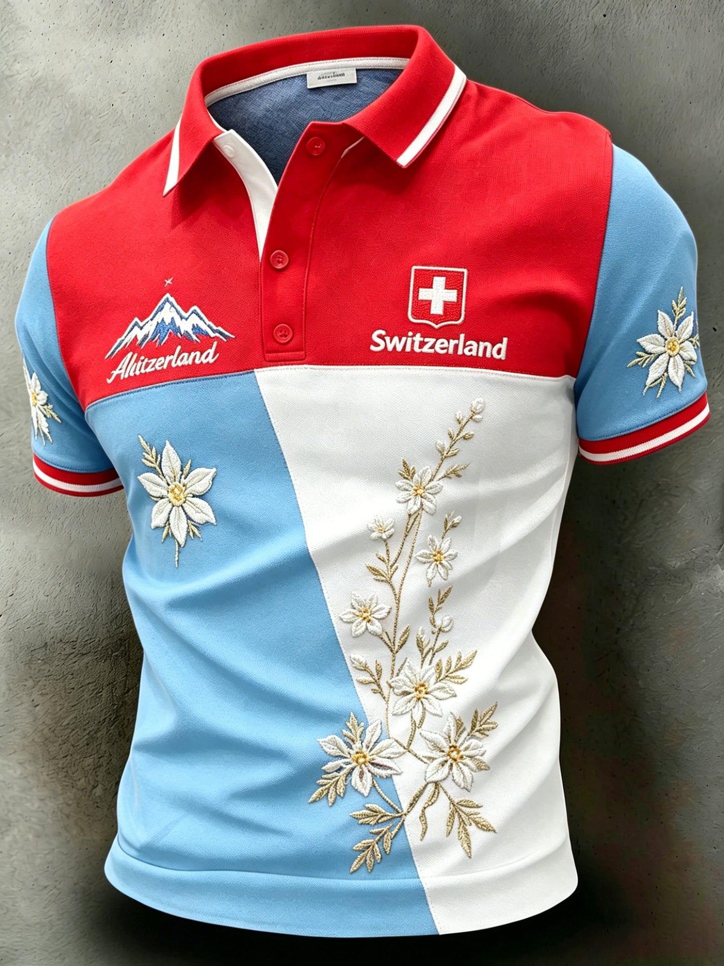 Herren-Artprint-Polo mit kurzen Ärmeln im Schweizer-Alpen-Stil