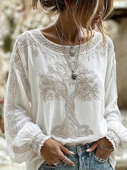 Damen-Top im Vintage-Stil mit floraler Kunstprint-Optik, aus Baumwolle und Leinen, lässig