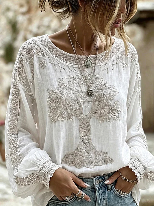 Damen-Top im Vintage-Stil mit floraler Kunstprint-Optik, aus Baumwolle und Leinen, lässig