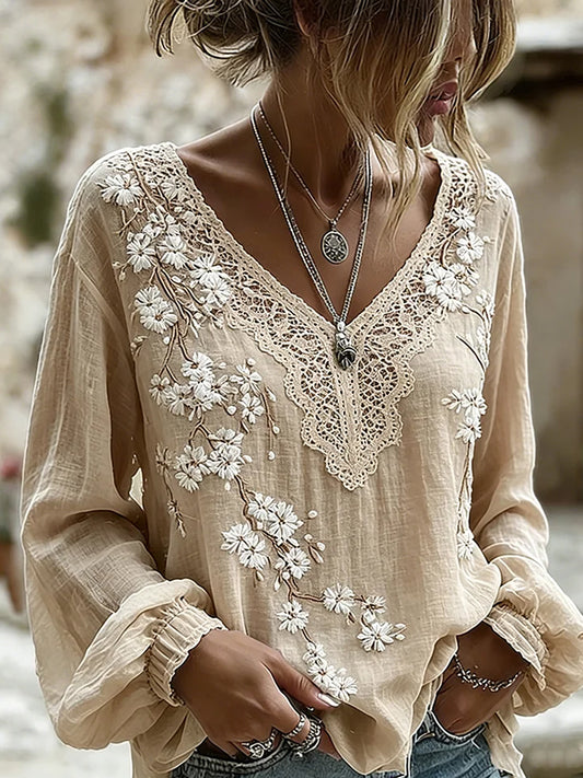 Damen-Top im Vintage-Stil aus Baumwolle und Leinen, lässig, mit gestickten Blumen und bedrucktem Patchwork-Design