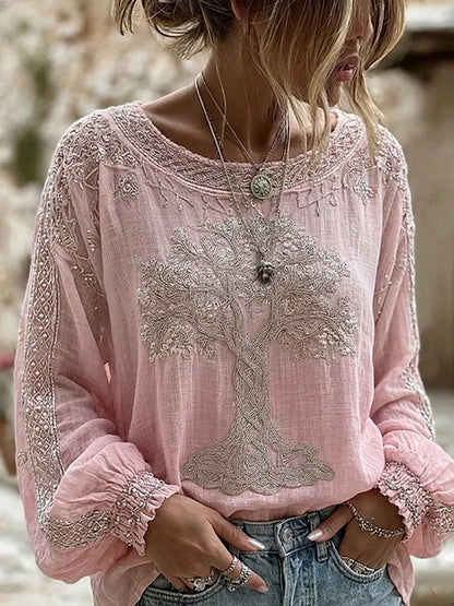 Damen-Top im Vintage-Stil mit floraler Kunstprint-Optik, aus Baumwolle und Leinen, lässig