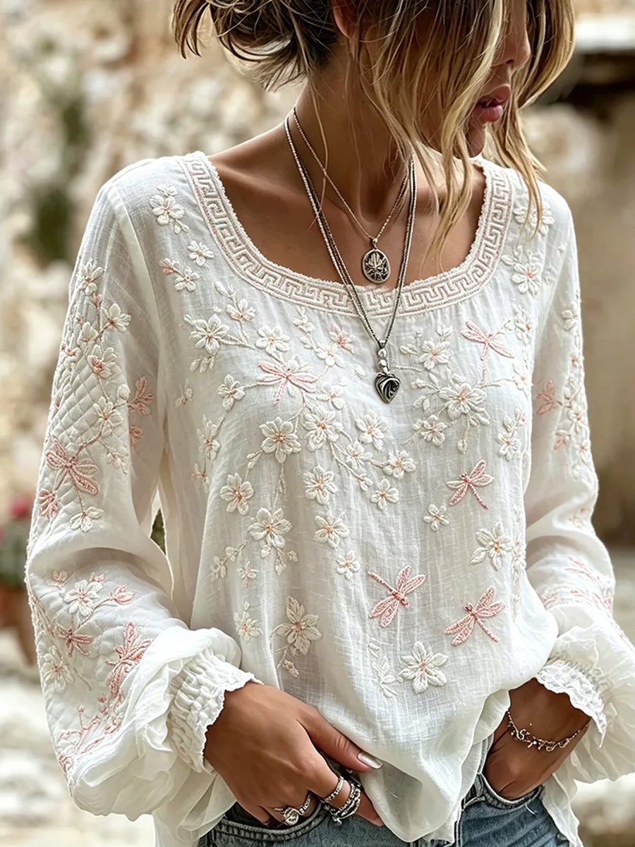 Damen-Top im Vintage-Stil mit floraler Kunstprint-Optik, aus Baumwolle und Leinen, lässig