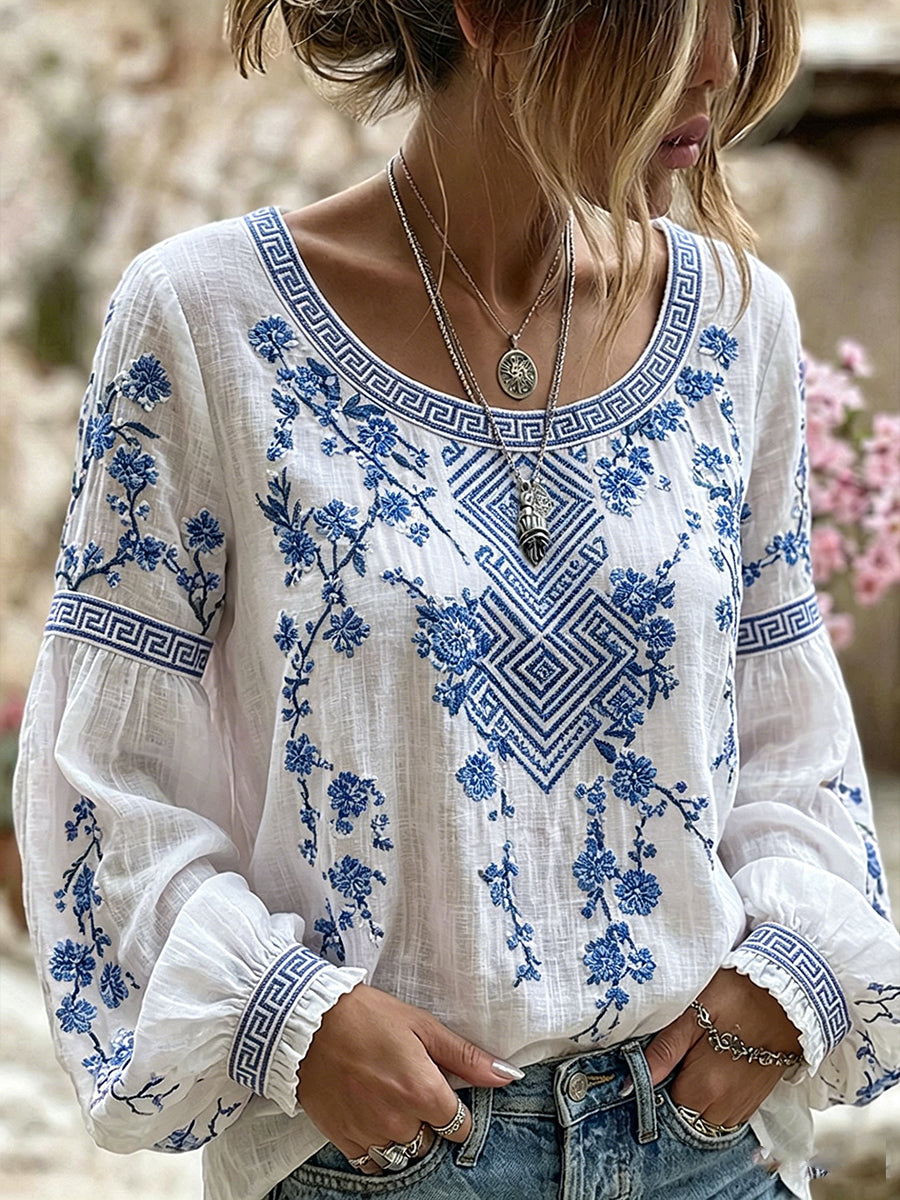 Damen-Vintage-Blumen-Kunstdruck Lässiges Baumwoll-Leinen-Top