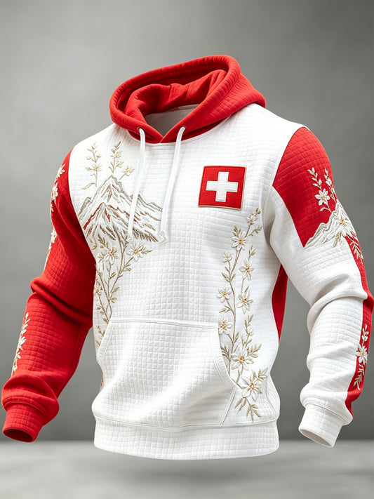 Herren-Sweatshirt mit langen Ärmeln im Schweizer Rot-Weiß-Design, lässig, mit Kunstprint
