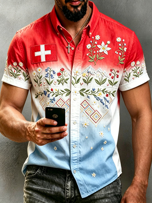 Herren-Shirt mit Schweizer Cartoon-Kuhmuster im Landhausstil, Kunstprint, Kurzarmhemd