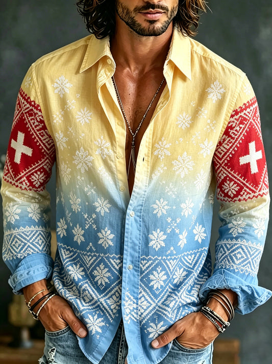 Herren-Schweizer Rot-Weiß-Kunstdruck-Langarm-Casual-Hemd