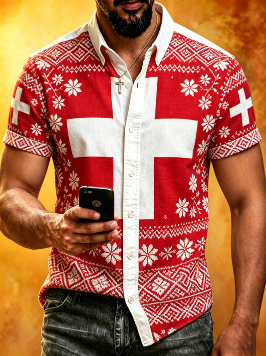 Herren-Shirt mit Schweizer Cartoon-Kuhmuster im Landhausstil, Kunstprint, Kurzarmhemd