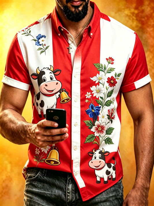 Herren-Shirt mit Schweizer Cartoon-Kuhmuster im Landhausstil, Kunstprint, Kurzarmhemd