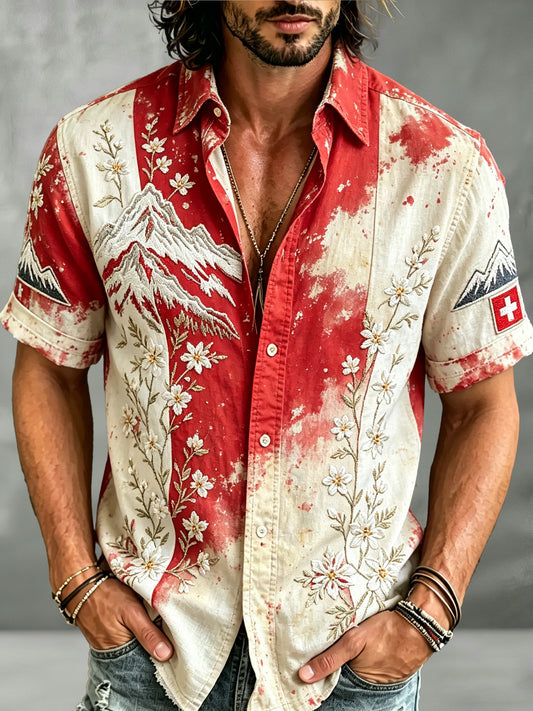 Herren-Shirt mit Edelweiß-Kunstprint und kurzen Ärmeln in Schweizer Optik