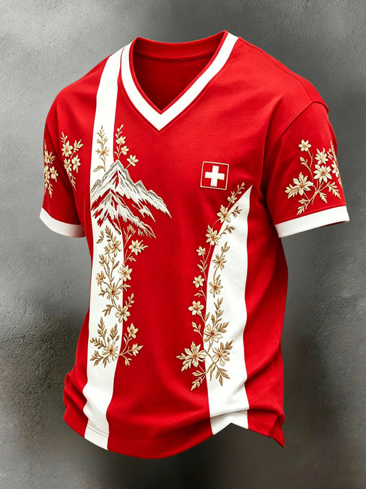 Herren-Kunstdruck-T-Shirt mit Schweizer Edelweiß und kurzen Ärmeln