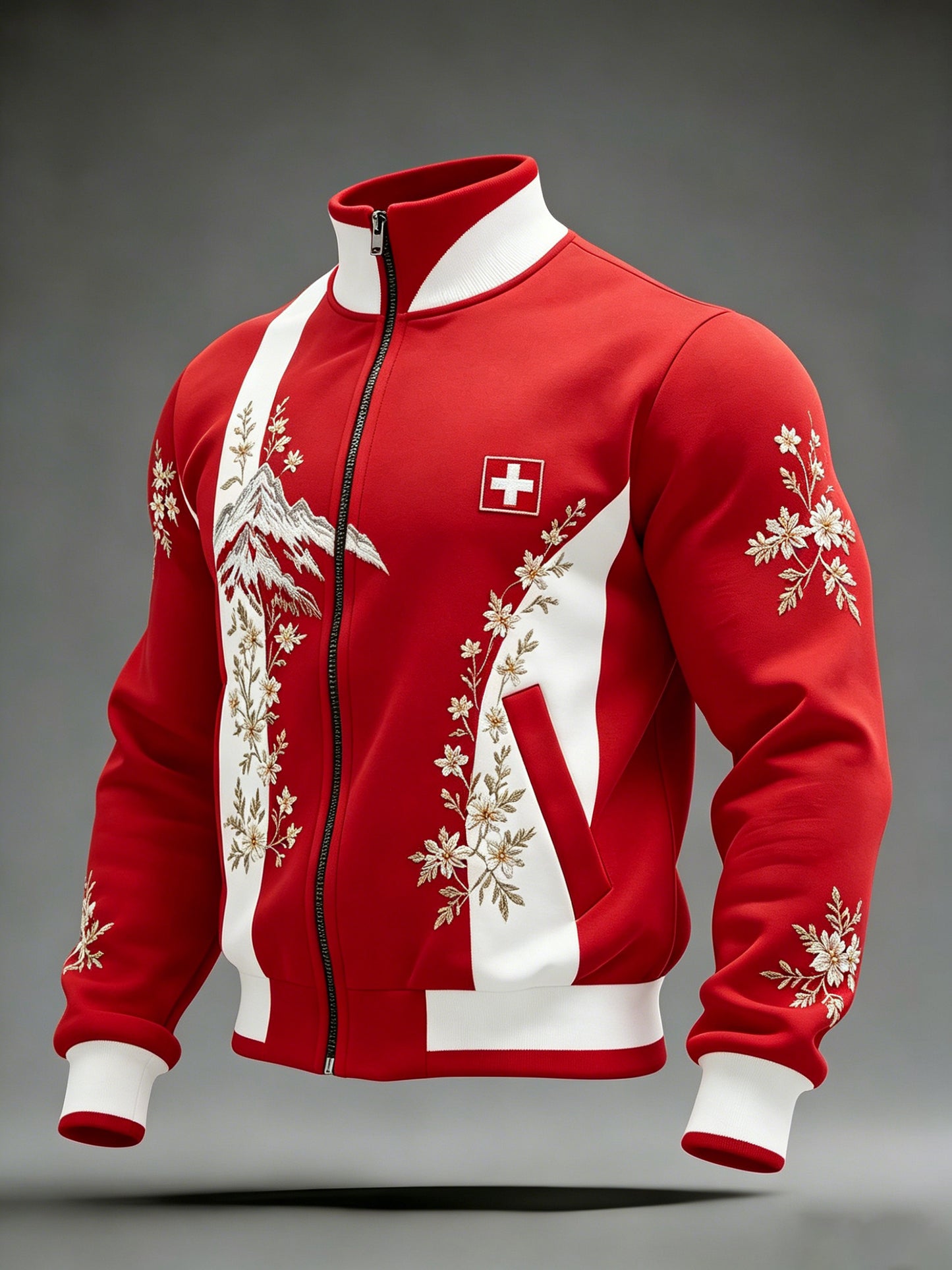 Herren-Jacke mit Edelweiß-Artprint und langen Ärmeln in Schweizer Optik