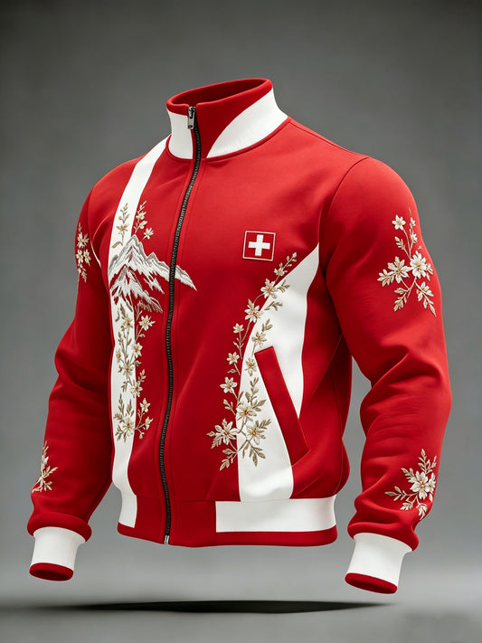 Herren-Jacke mit Edelweiß-Artprint und langen Ärmeln in Schweizer Optik