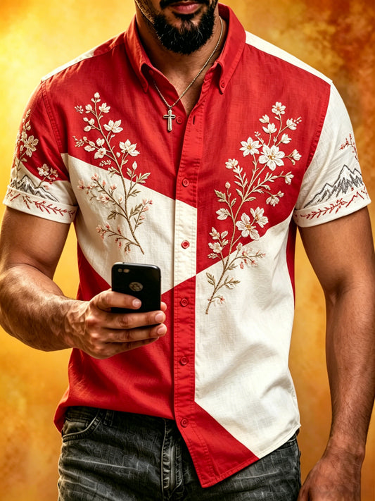 Herren-Shirt mit Edelweiß-Kunstprint und kurzen Ärmeln in Schweizer Optik