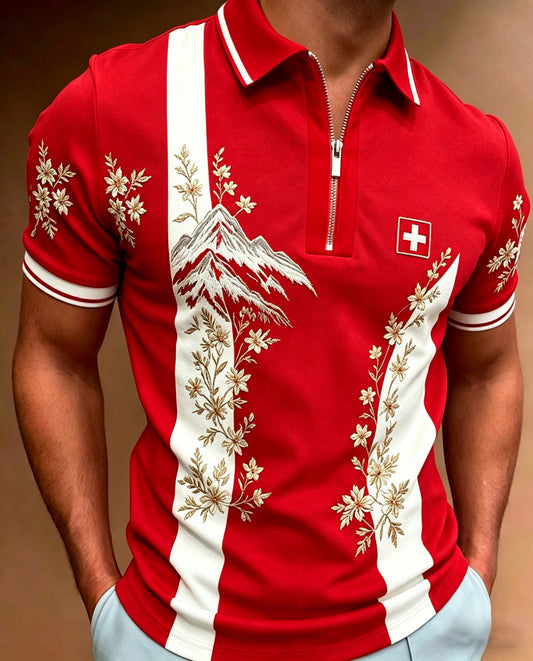 Herren-Artprint-Polo mit kurzen Ärmeln und Schweizer Edelweiß-Design
