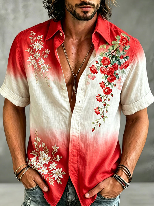 Herren-Shirt mit Edelweiß-Kunstprint und kurzen Ärmeln in Schweizer Optik