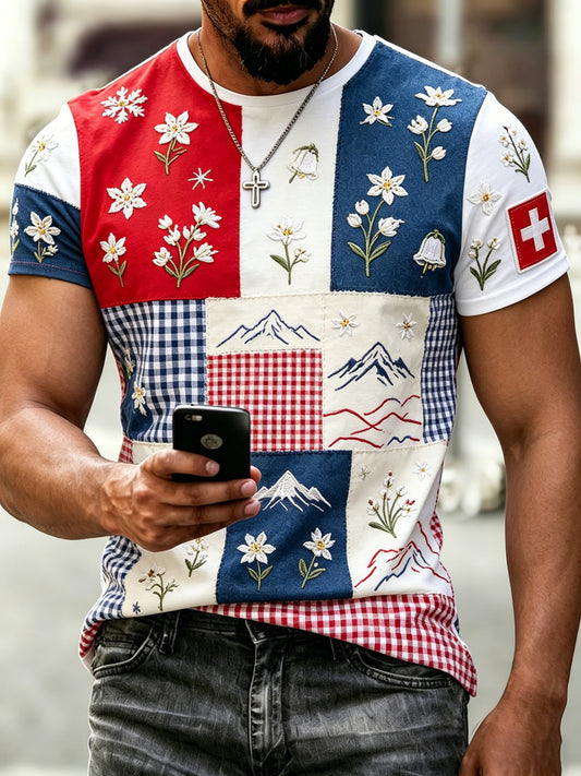 Herren-Kunstdruck-T-Shirt mit Schweizer Edelweiß und kurzen Ärmeln