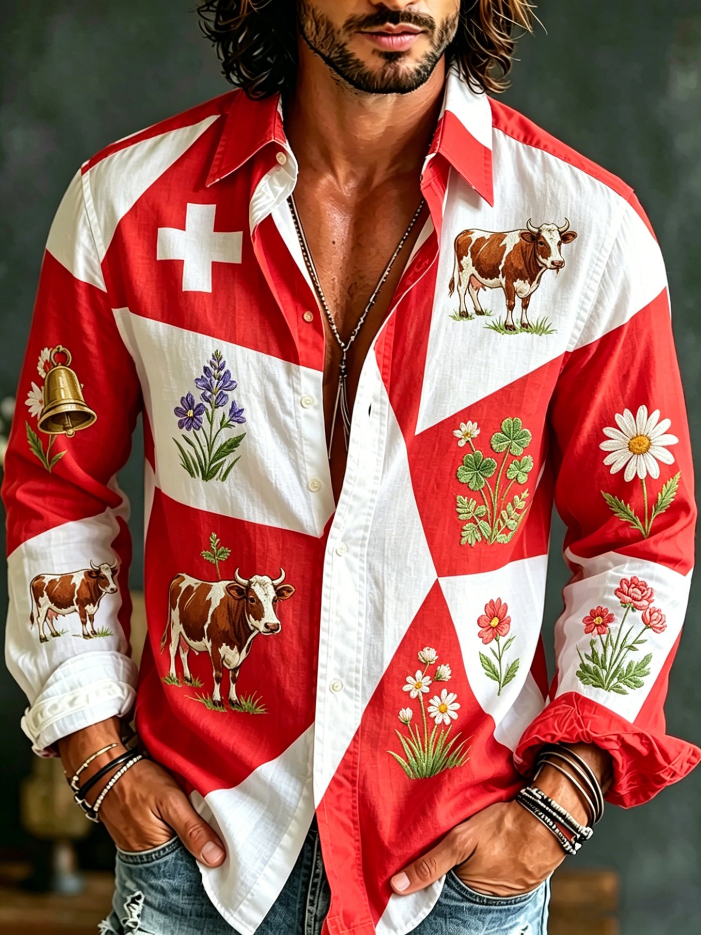Herren-Artprint-Shirt mit langen Ärmeln und Schweizer Landschaftsdesign