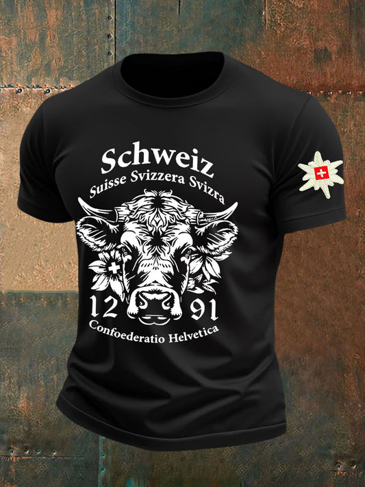 Herren-T-Shirt mit Schweizer Kuh kunst bedruckt