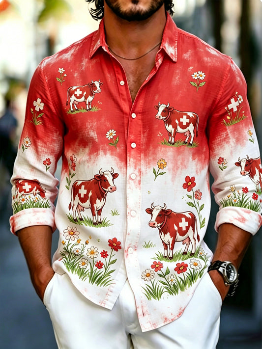 Herren-Artprint-Shirt mit langen Ärmeln und Schweizer Landschaftsdesign