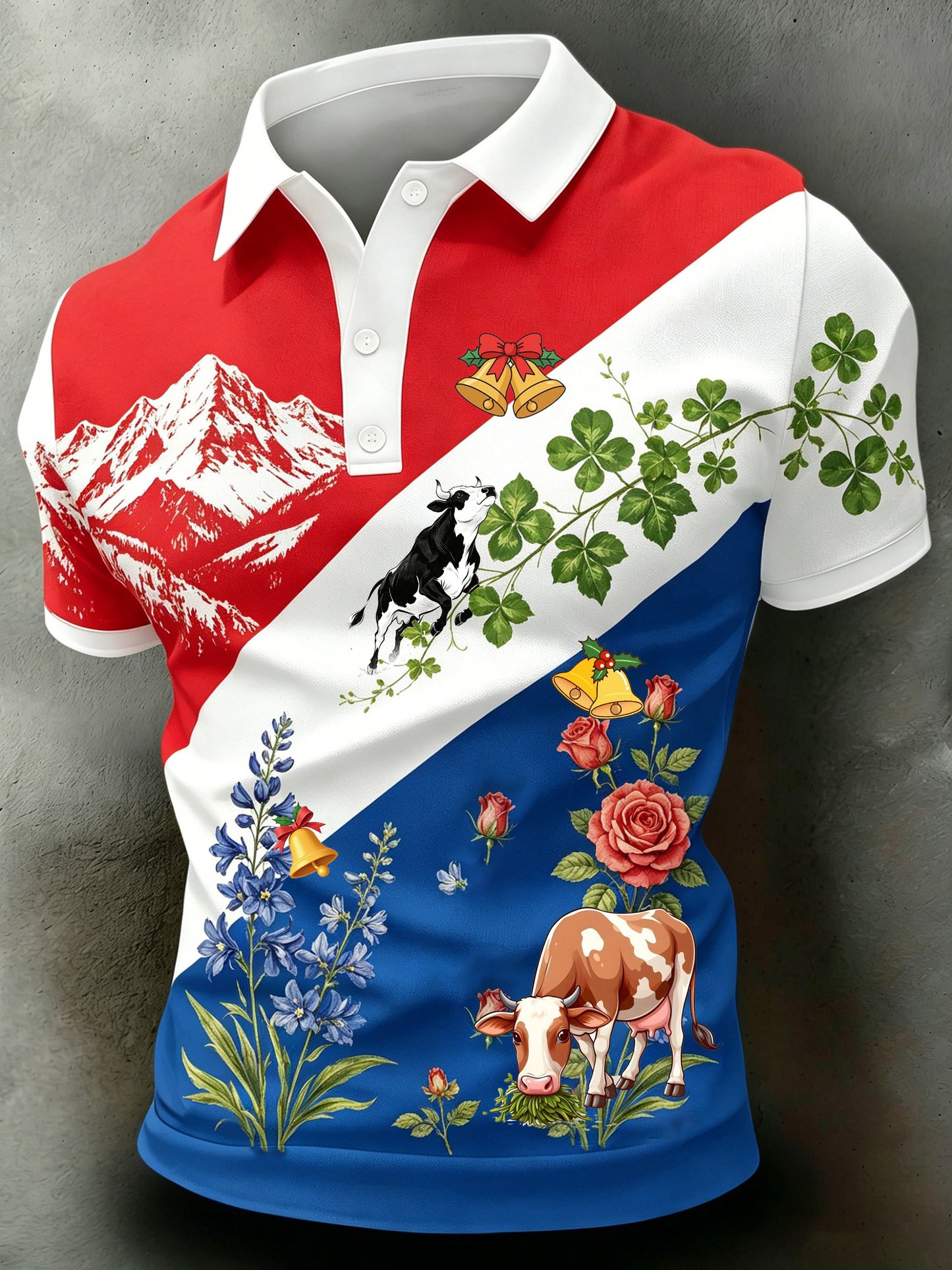 Herren-Poloshirt mit Kunstprint der Schweizer Edelweiß-Blüte, Kurzarm