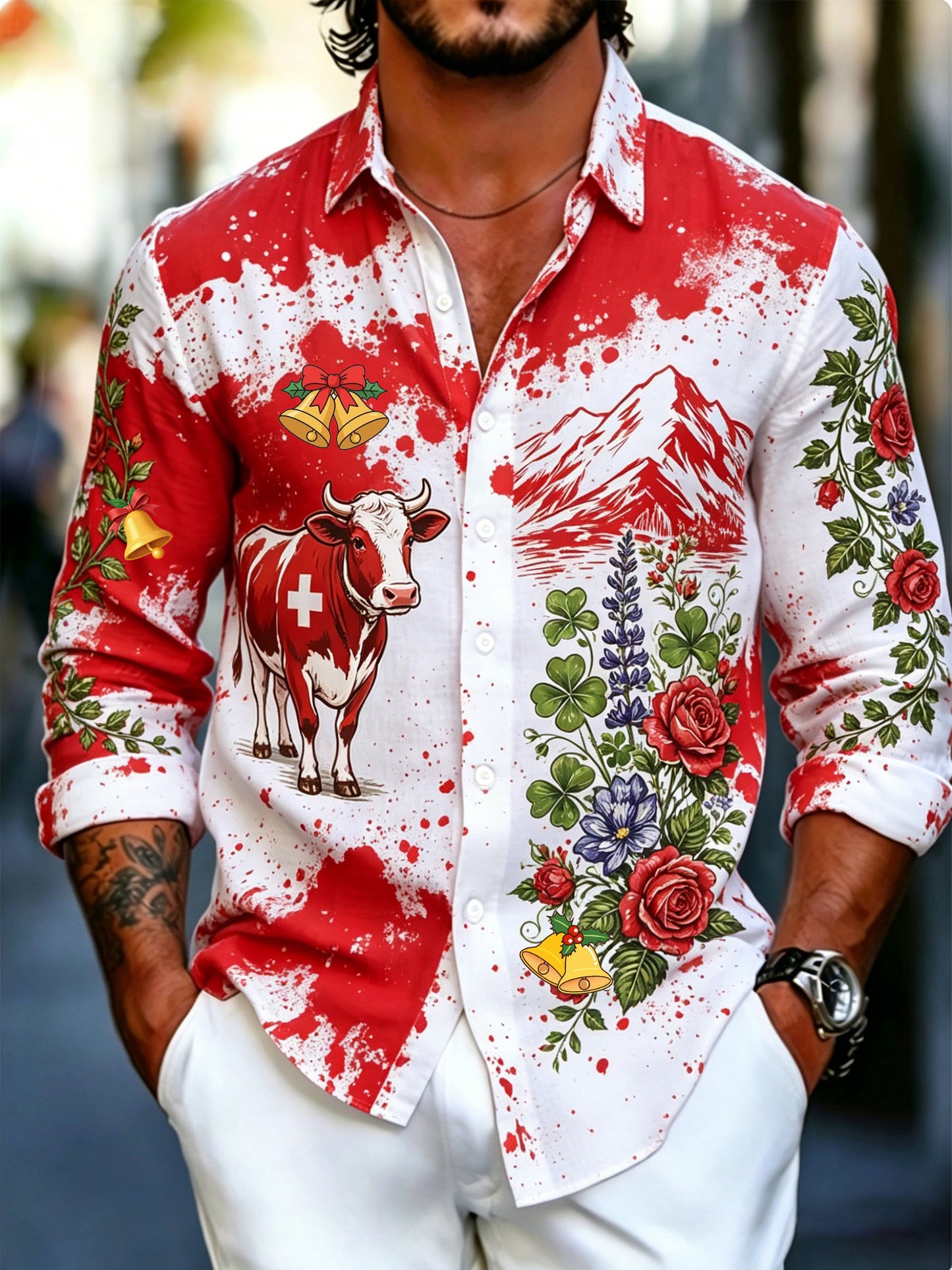 Herren-Artprint-Shirt mit langen Ärmeln und Schweizer Landschaftsdesign