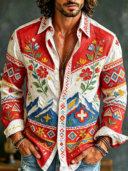 Herren-Artprint-Shirt mit langen Ärmeln und Schweizer Landschaftsdesign