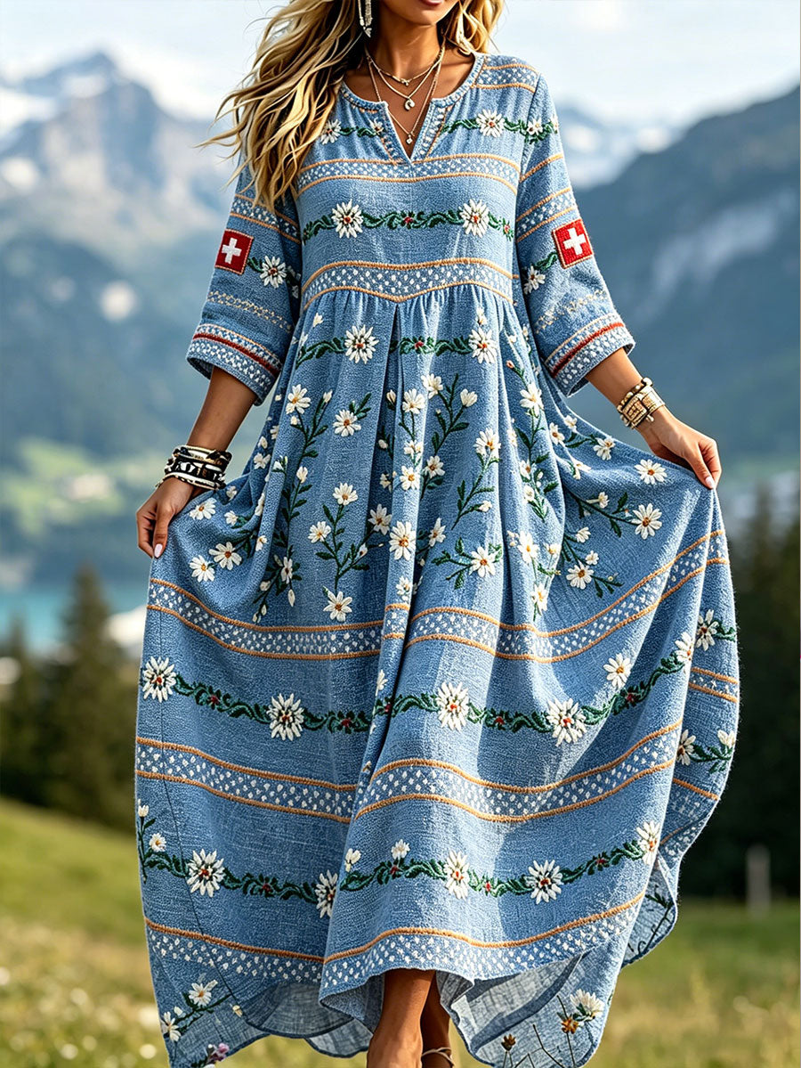 Damenkleid aus Leinen mit Schweizer Edelweiß-Blumenmuster-Druck