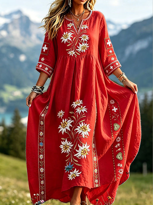Damenkleid aus Leinen mit Schweizer Edelweiß-Blumenmuster-Druck
