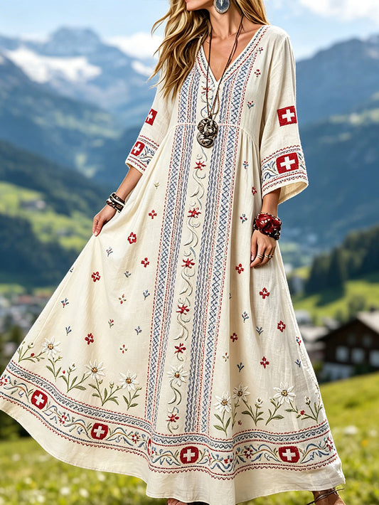 Damen Schweizer Edelweiss Blumen kunst bedrucktes Leinen kleid