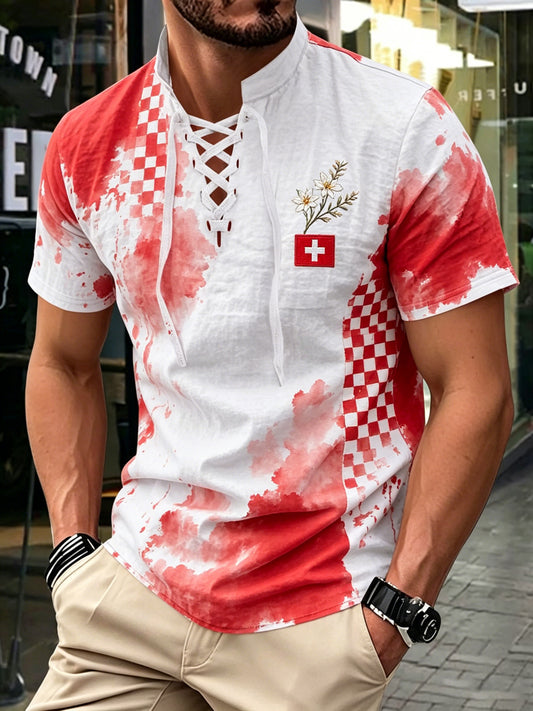 Herren-Shortsleeve-Top mit Schweizer Edelweiß-Muster-Print