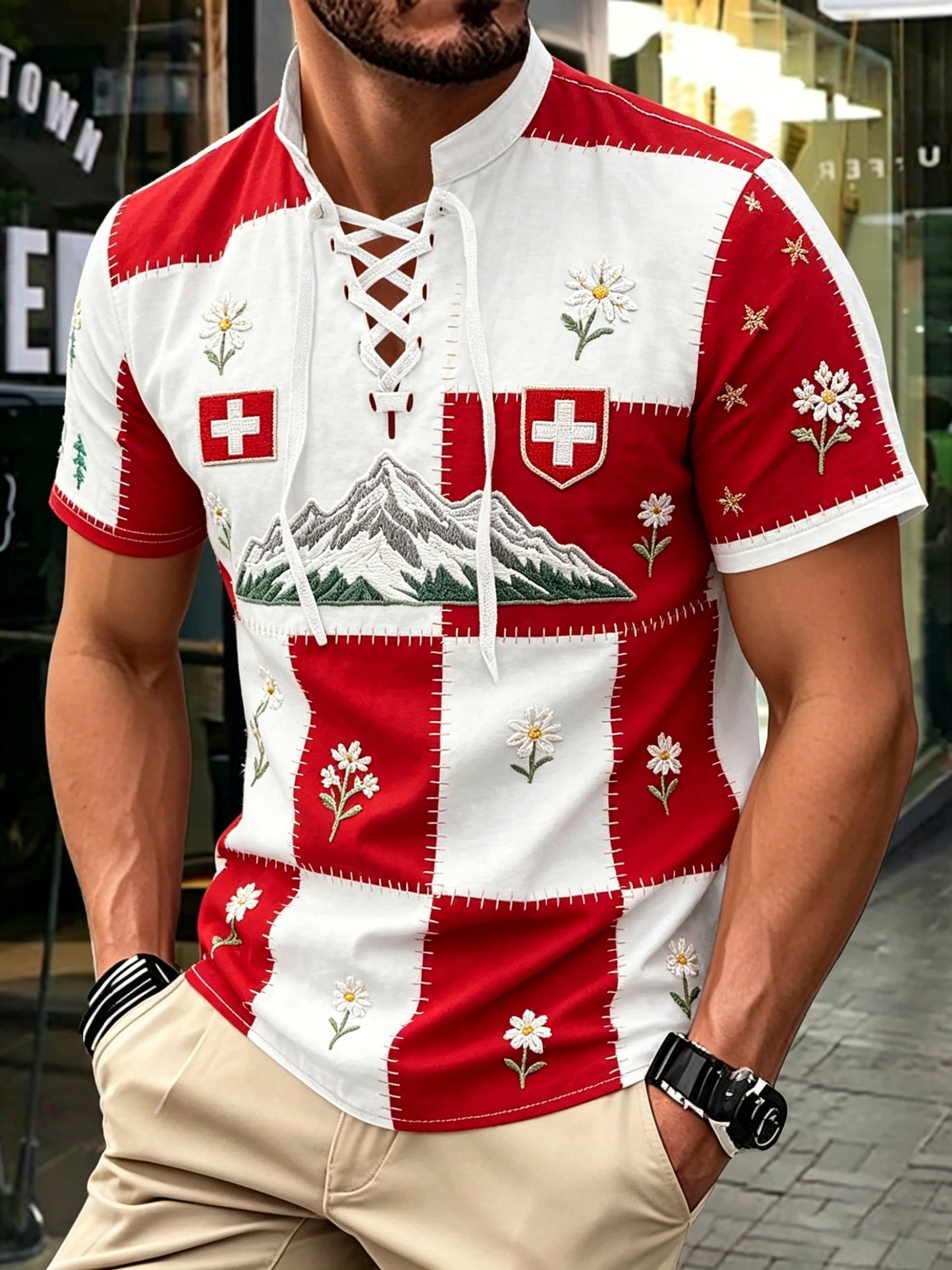 Schweizer Edelweiss-Muster-Kurzarm-Oberteil für Herren