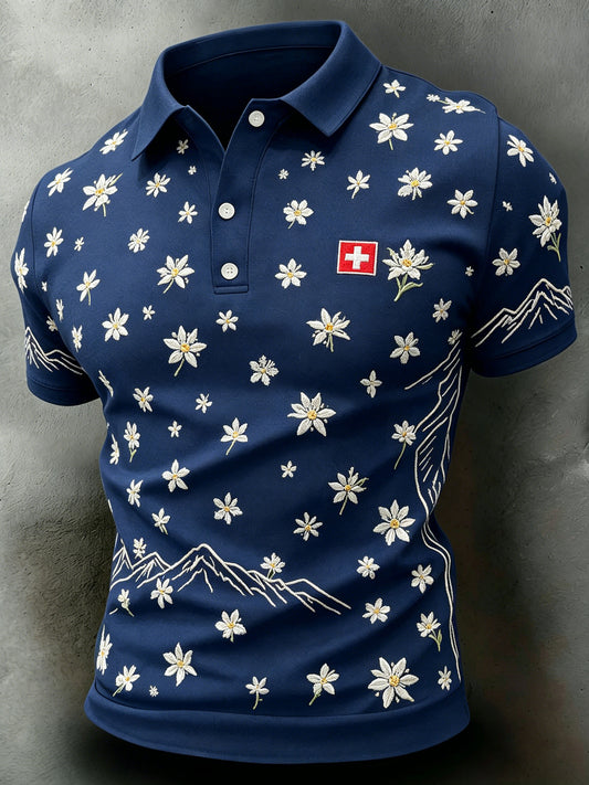 Herren Schweizer Edelweiss Muster Kunstdruck Kurzarm Polo