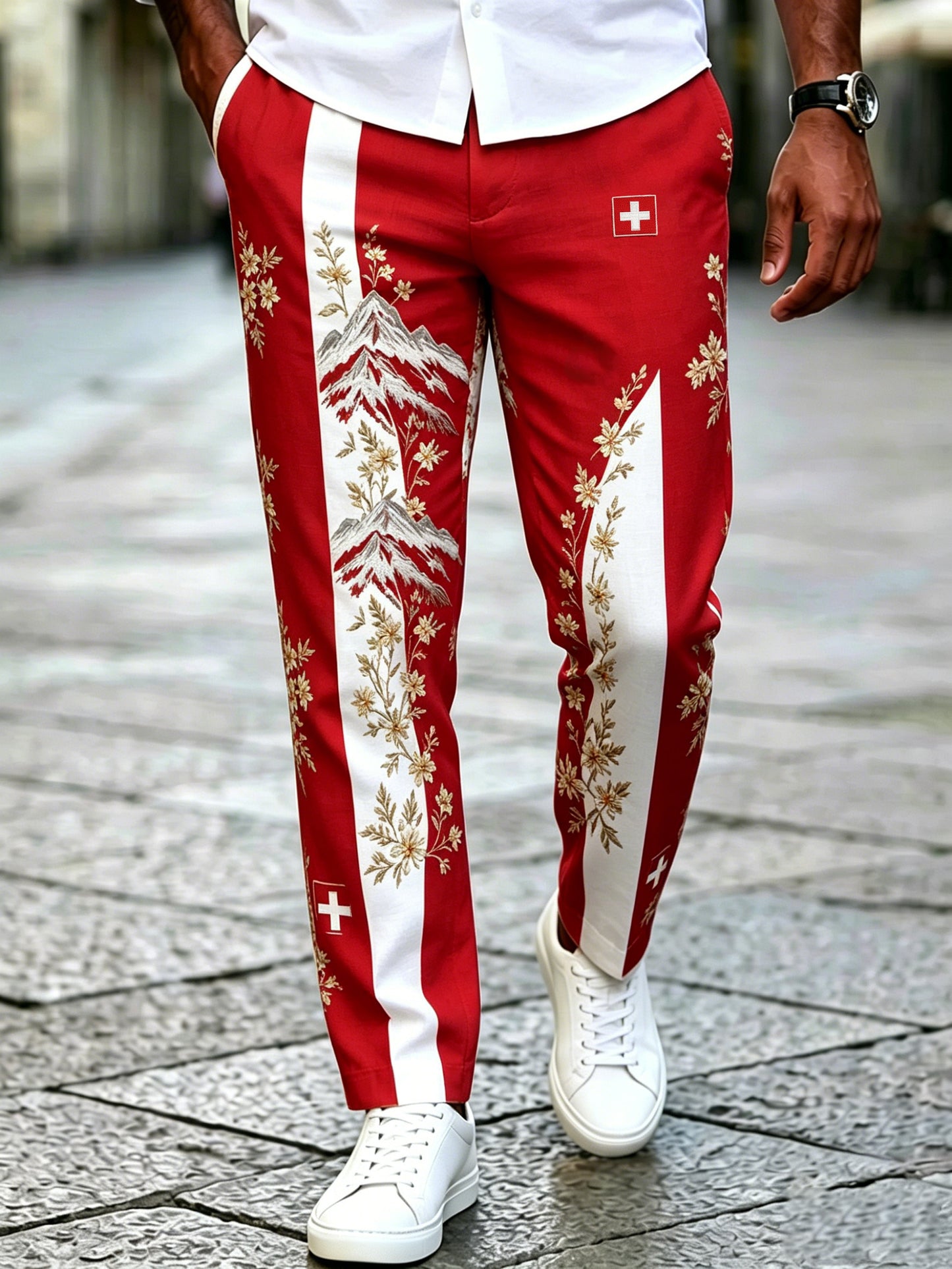 Herren Schweizer Edelweiss Muster Kunstdruck hose