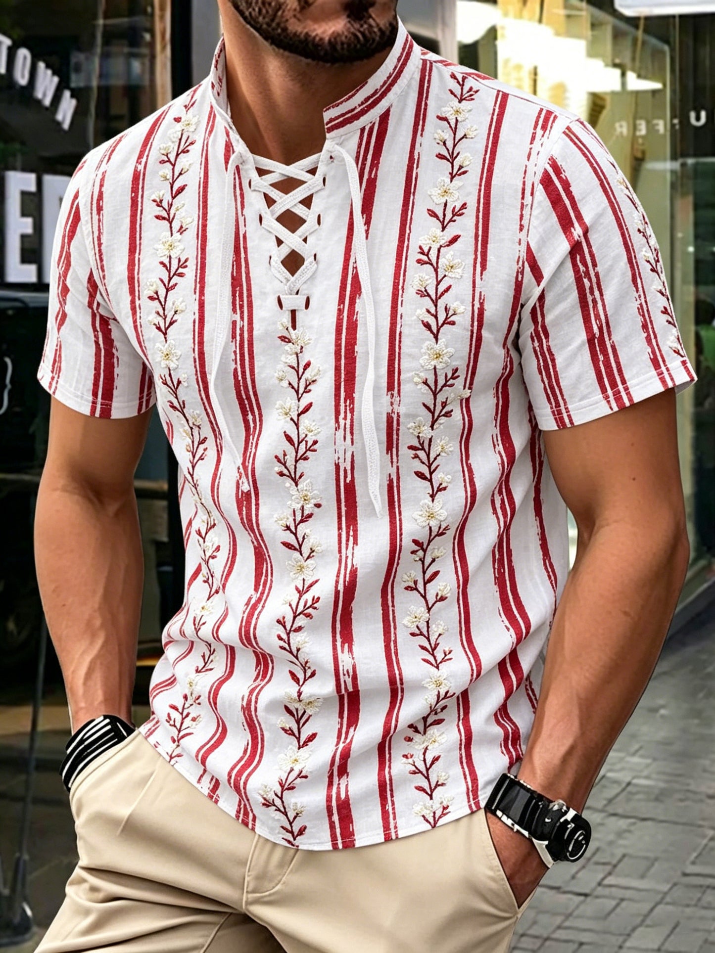 Herren-Shortsleeve-Top mit Schweizer Edelweiß-Muster-Print