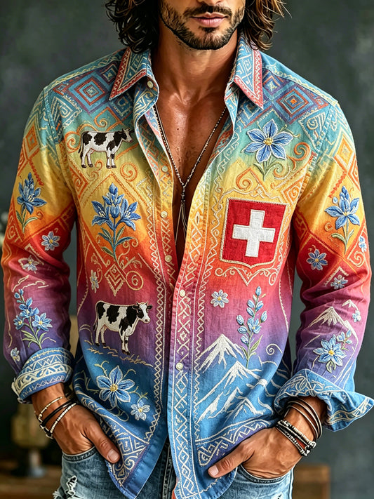 Herren-Shirt im Landhausstil aus Schweizer Baumwolle und Leinen mit Kunstprint, langärmelig